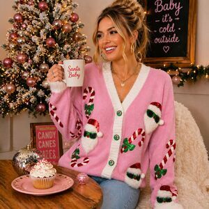 33 Degrees Pink Ugly Christmas Cardigan Santa Candy Cane Fuzzy Sweater M